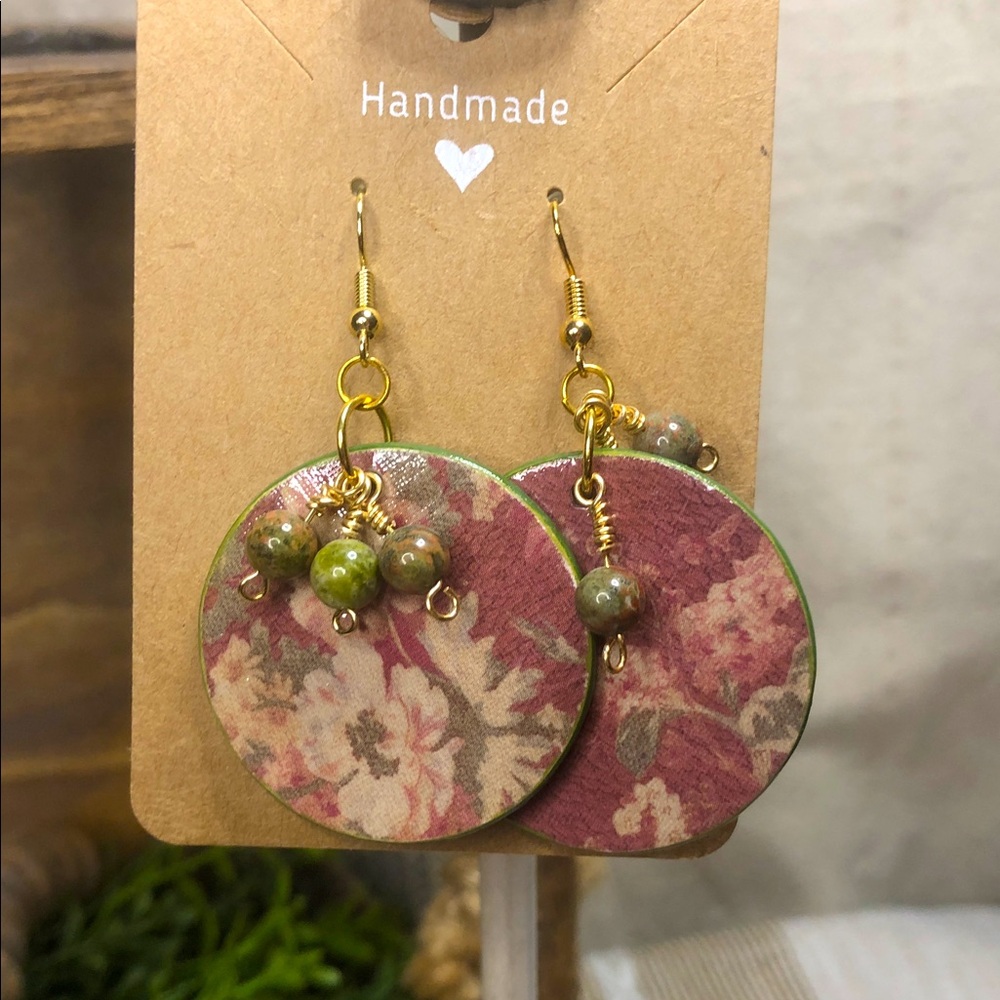 Boho Handcrafted floral Wood Dangle Earrings w/ beads. Jewelry. print both sides